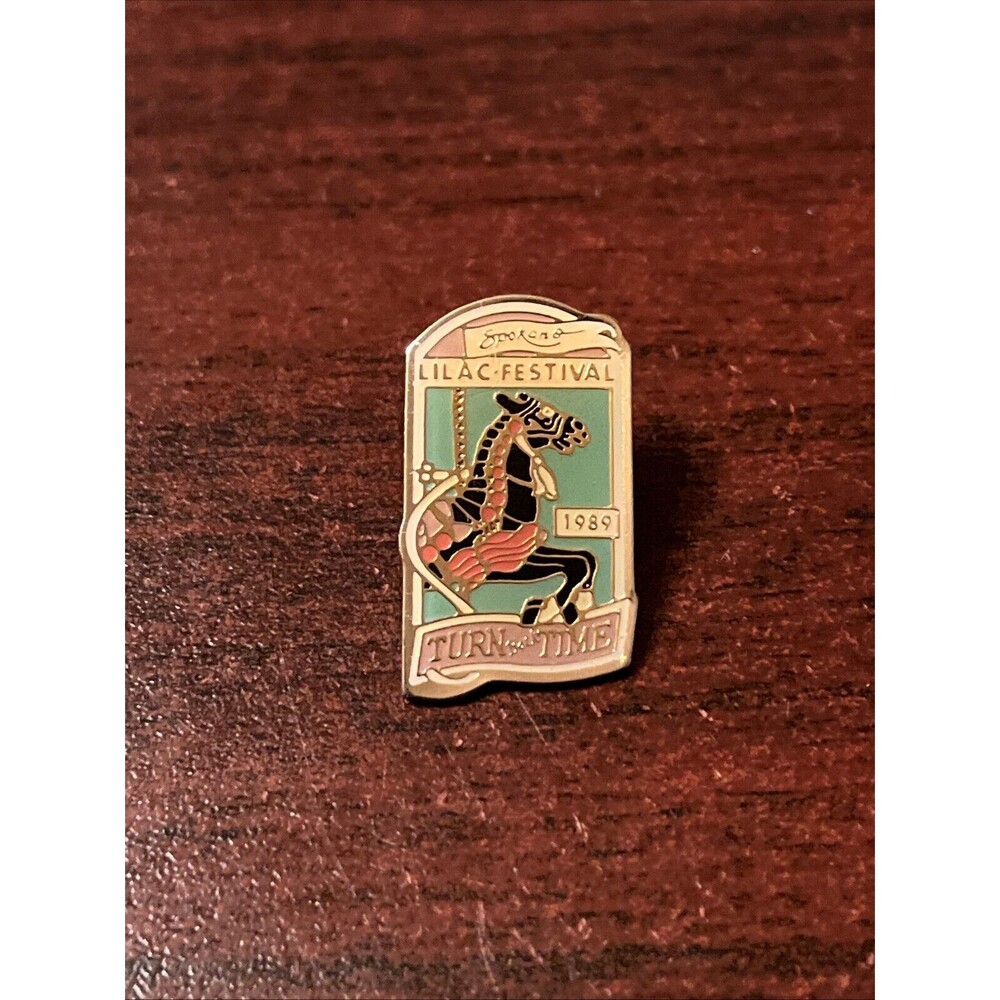 1989 Spokane Washington Lilac Festival Turn Back Time Carousel Lapel Hat Pin